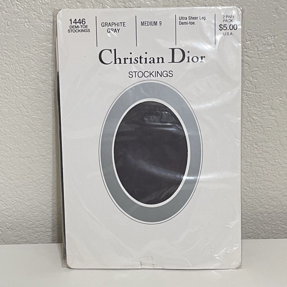 Vintage Christian Dior Demi Toe Stockings Ultra Sheer Graphite Gray Medium 9 NEW